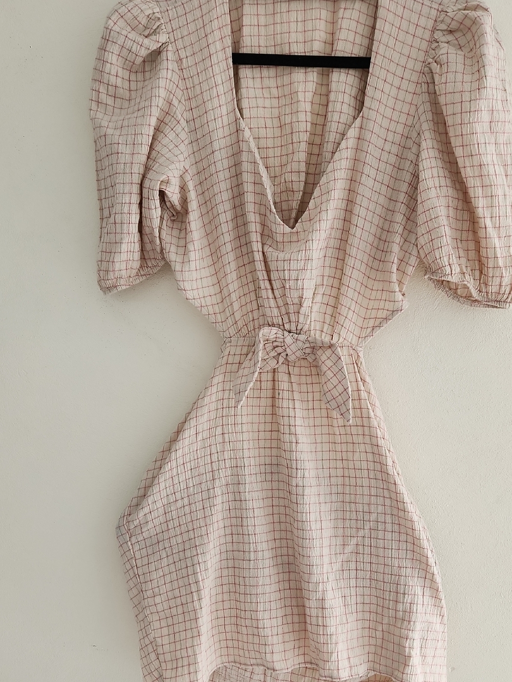 Zara Pink and White Checked V-Neck Tie-Waist Mini Dress